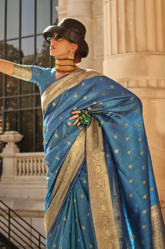 Blue Khadi Silk Handloom Weaving Saree With Blouse For Women