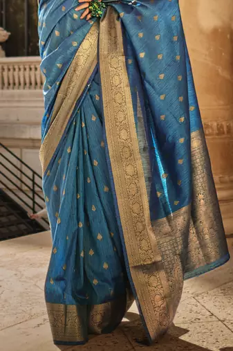 Blue Khadi Silk Handloom Weaving Saree With Blouse For Women