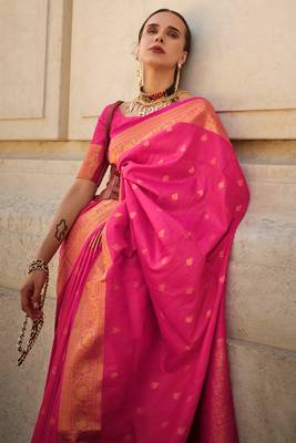 Pink Khadi Silk Handloom Weaving Saree With Blouse For Women 2