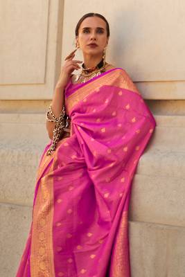 Pink Khadi Silk Handloom Weaving Saree With Blouse For Women 3