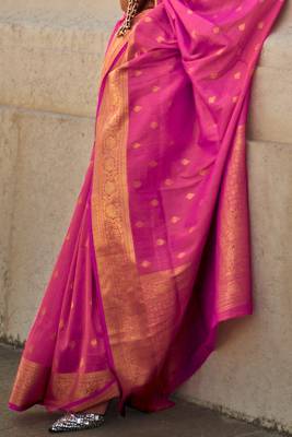Pink Khadi Silk Handloom Weaving Saree With Blouse For Women 4