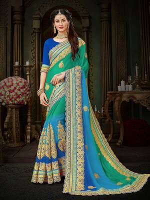 Dps traditional light green & blue chiffon sari.  this sari is an ideal for marriage functions and social gathering. 1