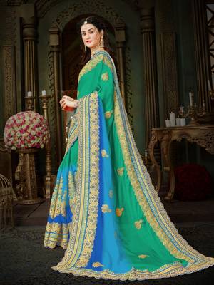 Dps traditional light green & blue chiffon sari.  this sari is an ideal for marriage functions and social gathering. 3