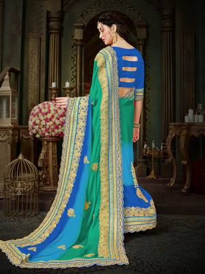 Dps traditional light green & blue chiffon sari.  this sari is an ideal for marriage functions and social gathering. 4