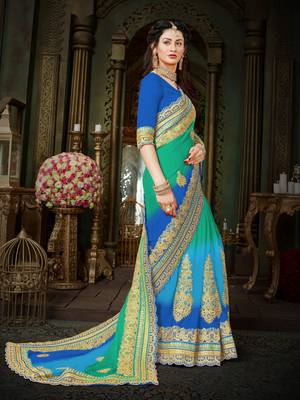 Dps traditional light green & blue chiffon sari.  this sari is an ideal for marriage functions and social gathering. 5