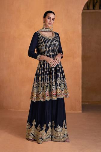 Blue Faux Georgette With Embroidery Sequence Work Salwar Palazzo Suit