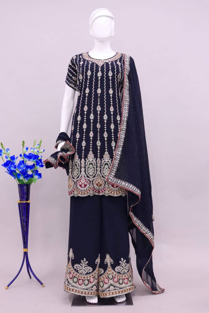 Blue Faux Georgette With Embroidery Sequence Work Salwar Palazzo Suit
