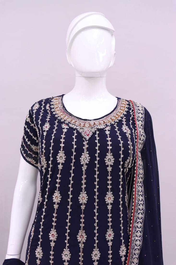 Blue Faux Georgette With Embroidery Sequence Work Salwar Palazzo Suit