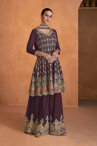 Wine Faux Georgette With Embroidery Sequence Work Salwar Palazzo Suit