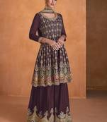 Wine Faux Georgette With Embroidery sequin Work Salwar Palazzo Suit