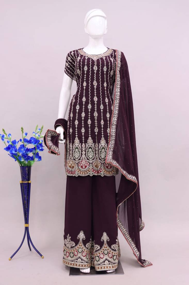 Wine Faux Georgette With Embroidery Sequence Work Salwar Palazzo Suit