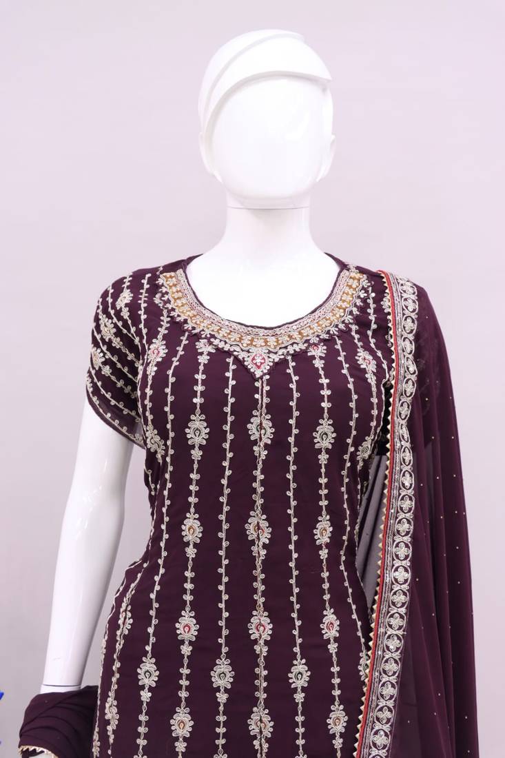Wine Faux Georgette With Embroidery Sequence Work Salwar Palazzo Suit