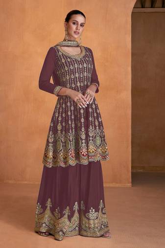 Rust Faux Georgette With Embroidery Sequence Work Salwar Palazzo Suit