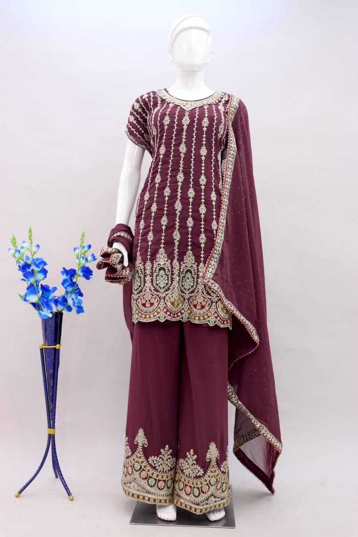 Rust Faux Georgette With Embroidery Sequence Work Salwar Palazzo Suit