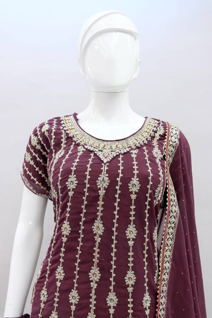 Rust Faux Georgette With Embroidery Sequence Work Salwar Palazzo Suit