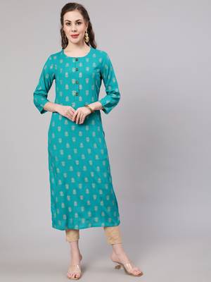 Turquoise fancy button rayon straight  kurta 1