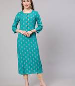 Turquoise fancy button rayon straight  kurta