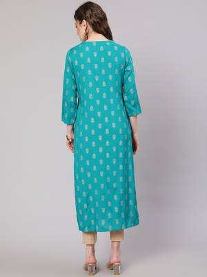 Turquoise fancy button rayon straight  kurta 2