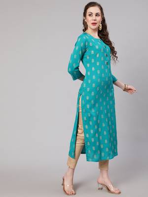 Turquoise fancy button rayon straight  kurta 3