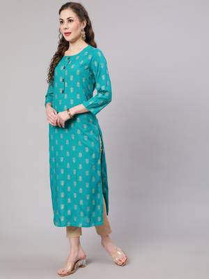 Turquoise fancy button rayon straight  kurta 4