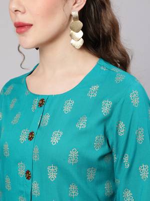 Turquoise fancy button rayon straight  kurta 5