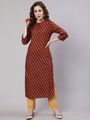 Rust::brown fancy button rayon straight  kurta 1