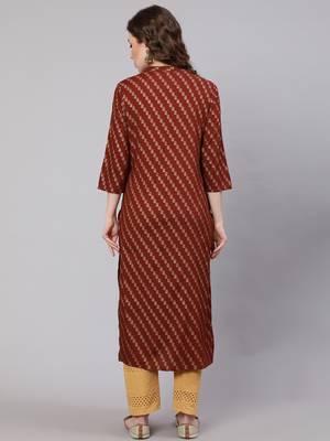 Rust::brown fancy button rayon straight  kurta 2