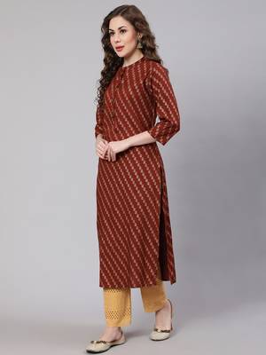 Rust::brown fancy button rayon straight  kurta 4