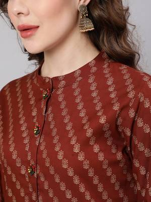 Rust::brown fancy button rayon straight  kurta 5
