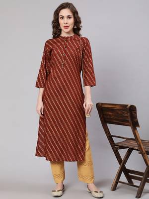 Rust::brown fancy button rayon straight  kurta 6