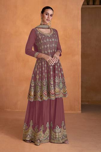 Badami Faux Georgette With Embroidery Sequence Work Salwar Palazzo Suit