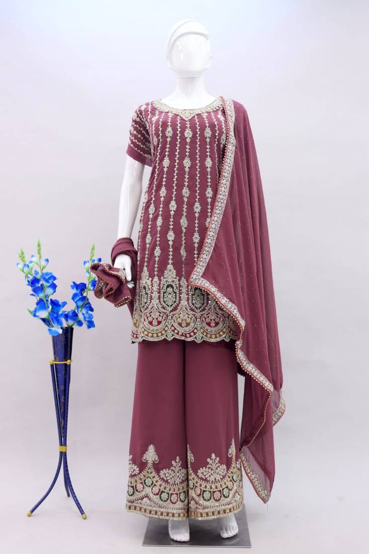 Badami Faux Georgette With Embroidery Sequence Work Salwar Palazzo Suit
