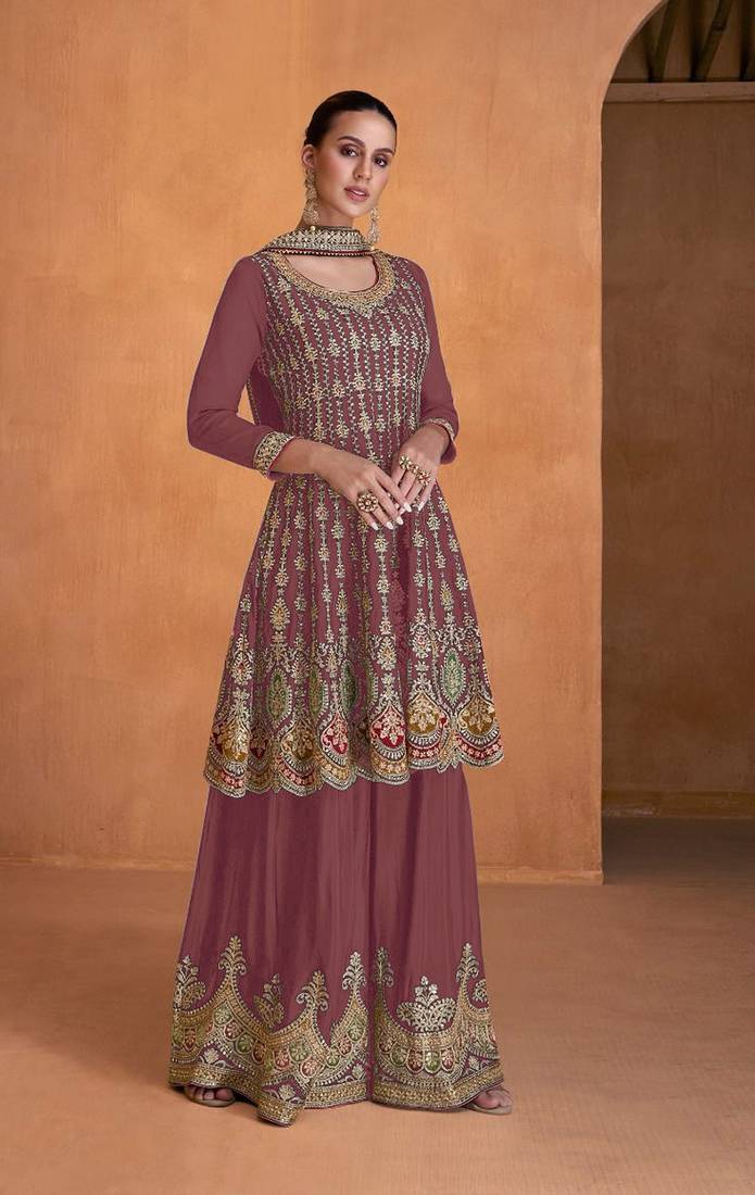 Badami Faux Georgette With Embroidery Sequence Work Salwar Palazzo Suit