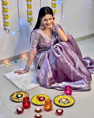 Lavender Silk Sequin Embroidered Saree with Blouse 1