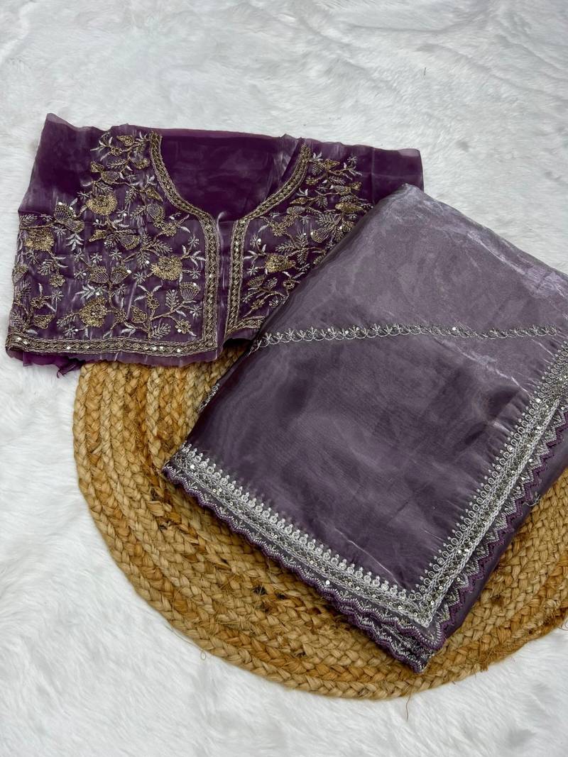 Lavender Silk Sequin Embroidered Saree with Blouse