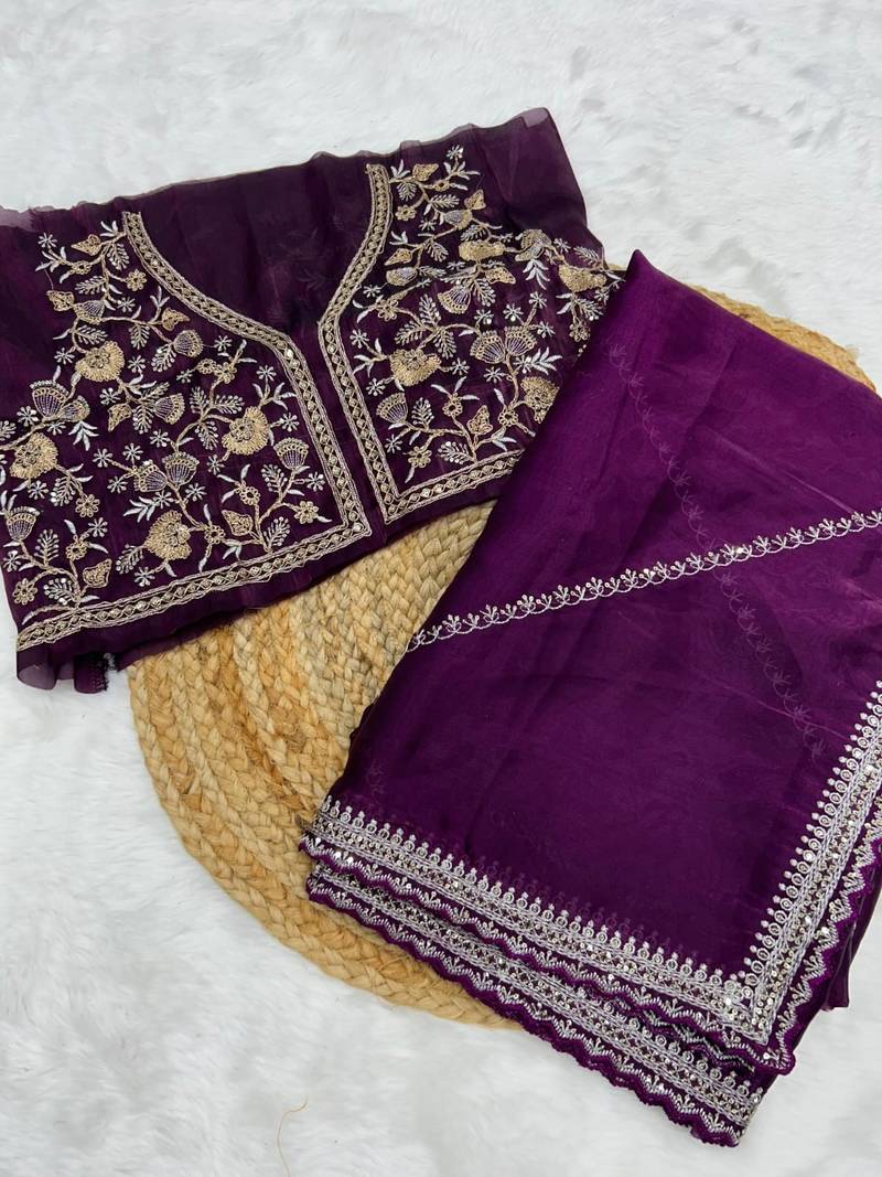 Purple Soft Zimmy Choo Silk Designer Embroidery work of 3 mm Sequins work Saree with Blouse
