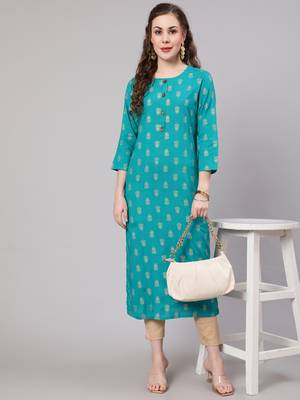 Turquoise fancy button rayon straight  kurta 6