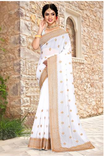 Women'S White Zari Resham Embroidered Georgette Saree With Blouse Piece By Manu Fashion Era