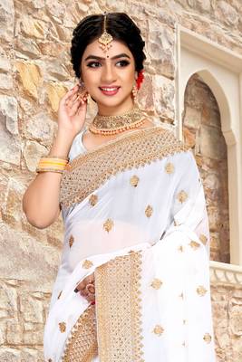 Women'S White Zari Resham Embroidered Georgette Saree With Blouse Piece By Manu Fashion Era 3