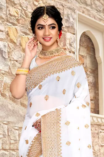 Women'S White Zari Resham Embroidered Georgette Saree With Blouse Piece By Manu Fashion Era
