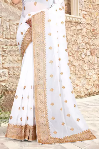 Women'S White Zari Resham Embroidered Georgette Saree With Blouse Piece By Manu Fashion Era