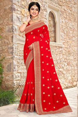 Women'S Red Zari Resham Embroidered Georgette Saree With Blouse Piece By Manu Fashion Era 1