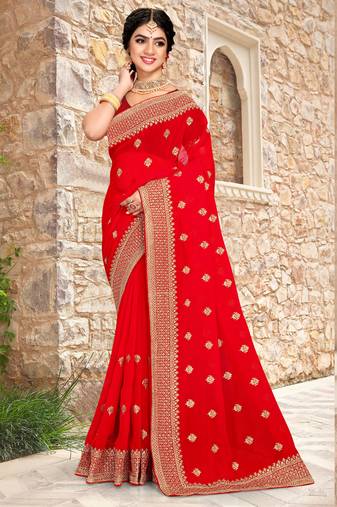 Women'S Red Zari Resham Embroidered Georgette Saree With Blouse Piece By Manu Fashion Era