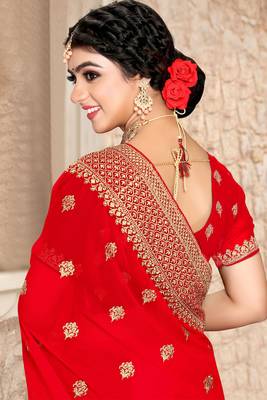 Women'S Red Zari Resham Embroidered Georgette Saree With Blouse Piece By Manu Fashion Era 2