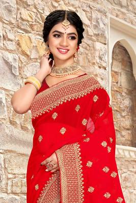 Women'S Red Zari Resham Embroidered Georgette Saree With Blouse Piece By Manu Fashion Era 3