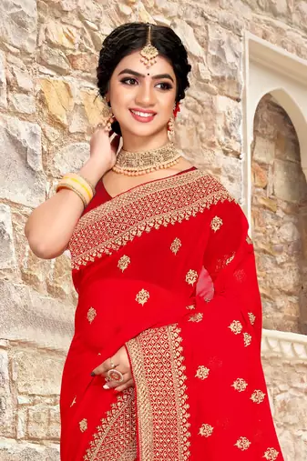 Women'S Red Zari Resham Embroidered Georgette Saree With Blouse Piece By Manu Fashion Era