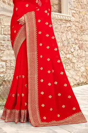 Women'S Red Zari Resham Embroidered Georgette Saree With Blouse Piece By Manu Fashion Era