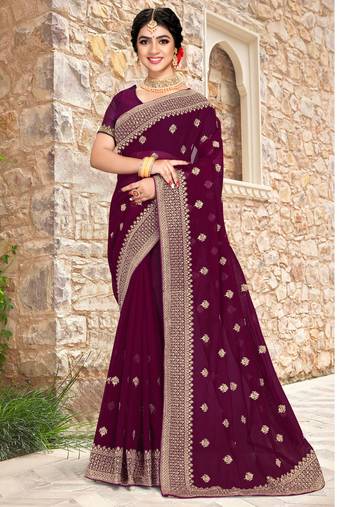 Women'S Purple Zari Resham Embroidered Georgette Saree With Blouse Piece By Manu Fashion Era