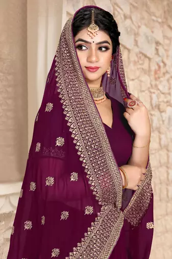 Women'S Purple Zari Resham Embroidered Georgette Saree With Blouse Piece By Manu Fashion Era