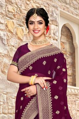 Women'S Purple Zari Resham Embroidered Georgette Saree With Blouse Piece By Manu Fashion Era 3